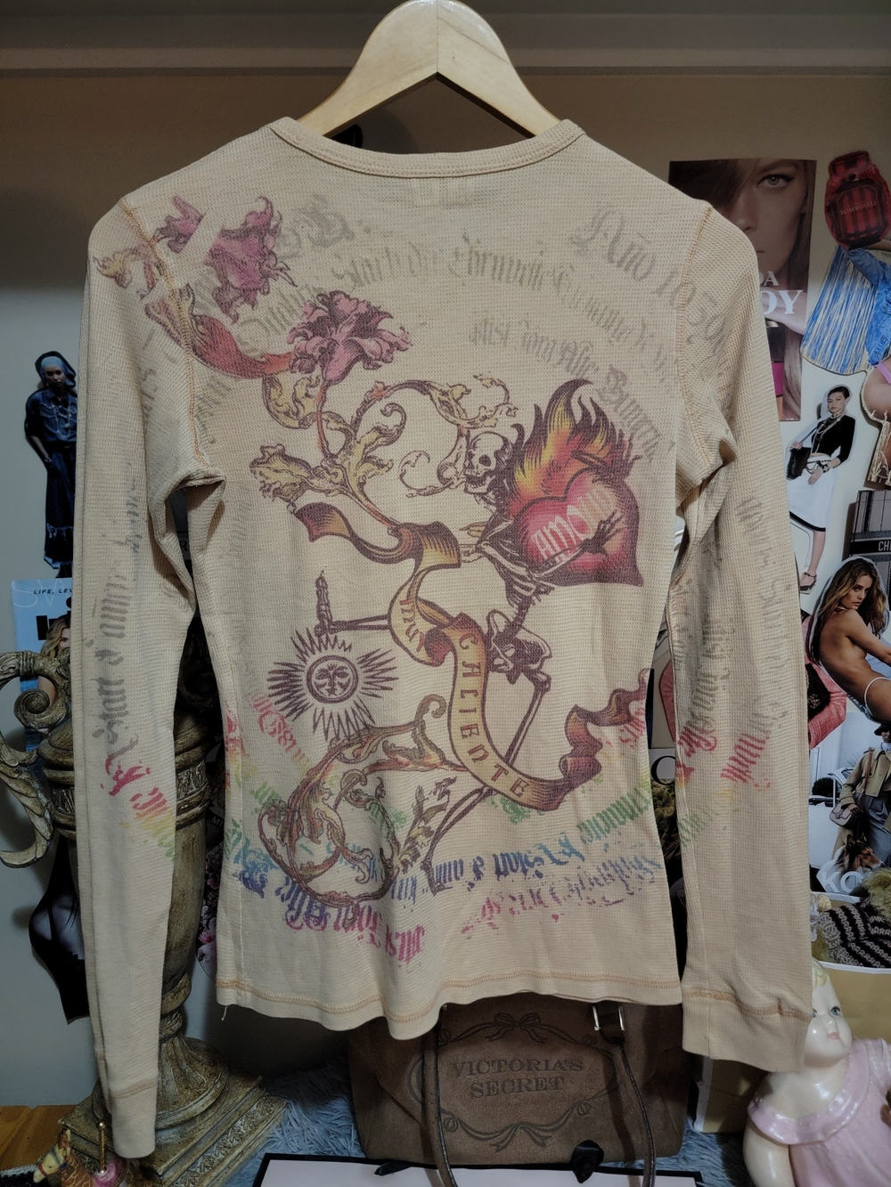 GO Jeans Nude Tan Mcbling Rhinestone Skull Long Sleeve Shirt - Picture 4 of 6